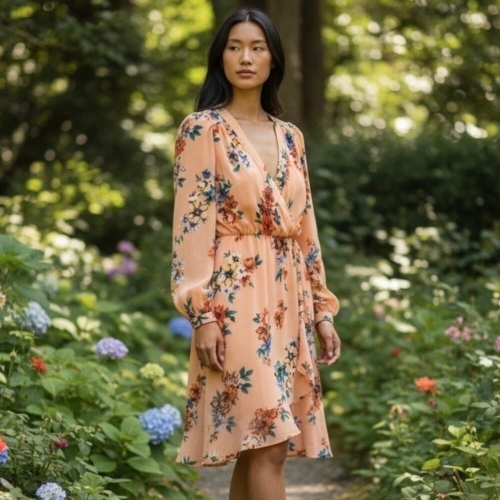 Cottagecore Garden Fairy Faux Wrap Floral Dress Womens Large Peach Made In USA